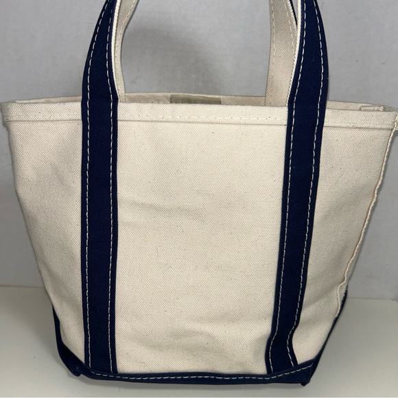L.L. Bean Boat and Tote Beige Navy Blue Canvas Small Bag Stiff Handles - Picture 2 of 14